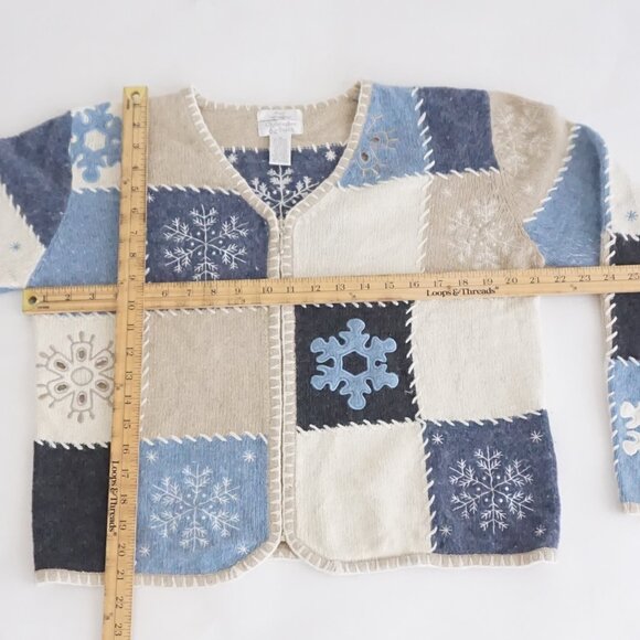 Vintage Christopher Banks Snowflake Patchwork Holiday Cardigan Zip Grandmacore M - Picture 3 of 10